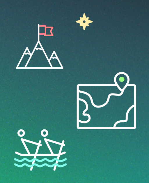 Icons representing goal-setting metaphors: teamwork, navigation, and summiting a peak